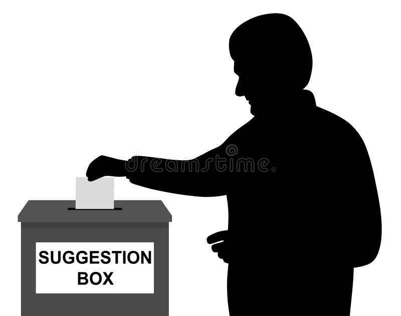 Businessman employee or customer putting paper or envelope in suggestion box royalty free illustration