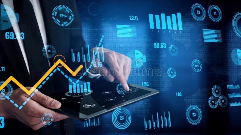 Businessman analyzing financial data on a tablet, creating graphs and charts, showing digital growth, and using modern stock illustration