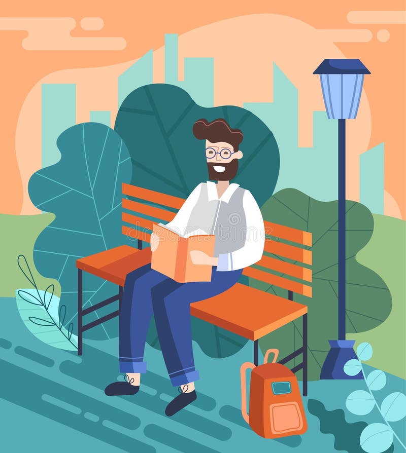 Businessman enjoying a Break from the office reading a book on a park bench outdoors, colorful cartoon vector stock illustration Businessman enjoying a Break from the office reading a book on a park bench outdoors, colorful cartoon vector stock illustration