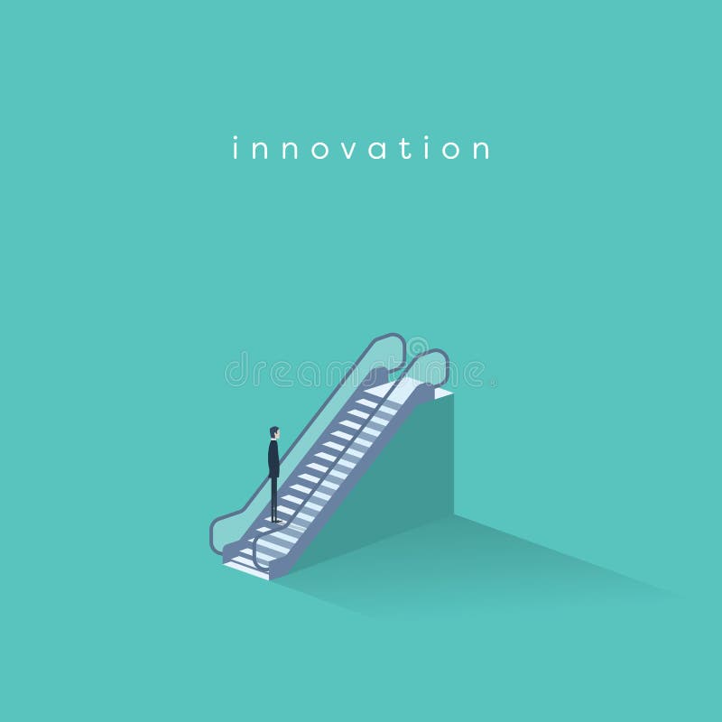 Businessman on an escalator moving up. Symbol of business innovation, technology progress and creativity. royalty free illustration