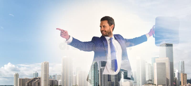 Businessman financial manager interact digital surface. Businessman with briefcase business center background. Financial royalty free stock photos