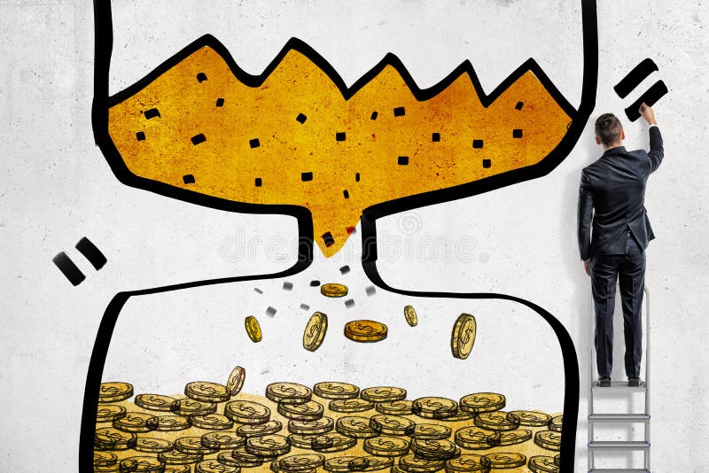 A businessman finishes drawing an hourglass with sand falling down and turning into gold coins. royalty free stock photography A businessman finishes drawing an hourglass with sand falling down and turning into gold coins. royalty free stock photography
