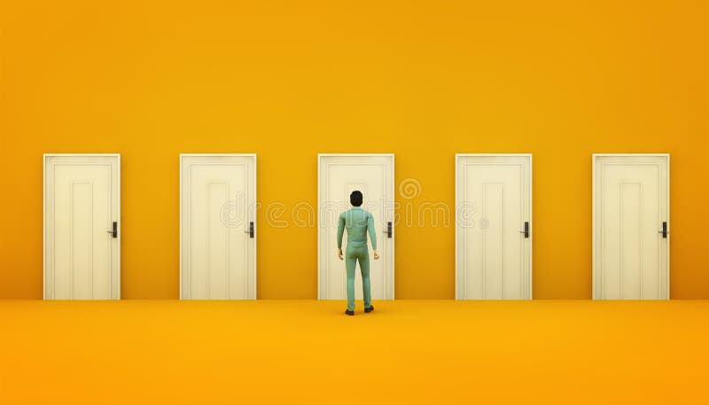 Businessman with five closed doors vector illustration