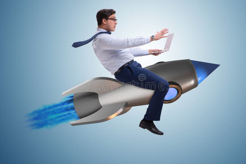 The businessman flying on rocket in business concept