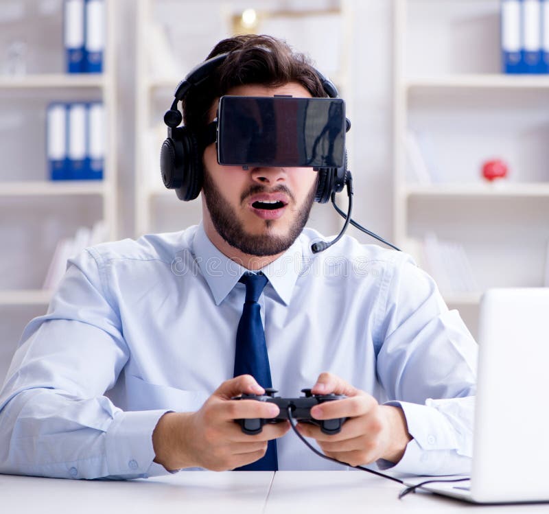 Businessman Gamer in Office Playing Games Stock Photo Image of nerd