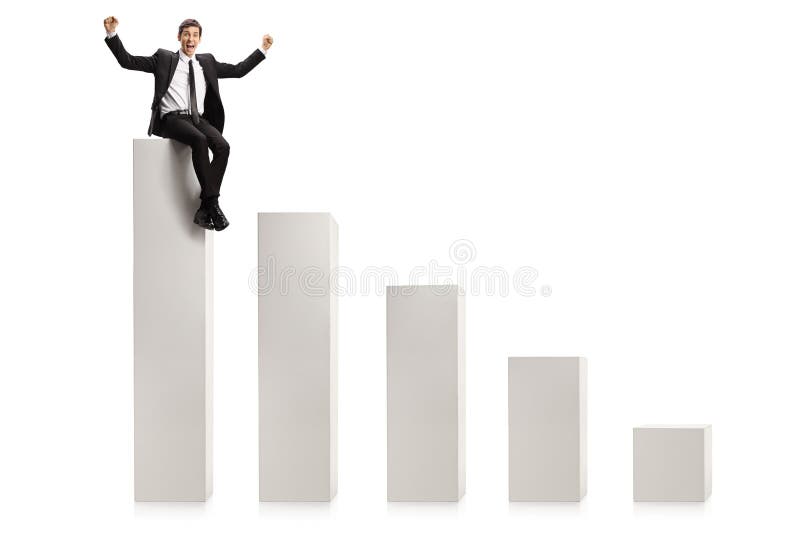 Businessman gesturing win and sitting on the highest column in a chart graph isolated on white background