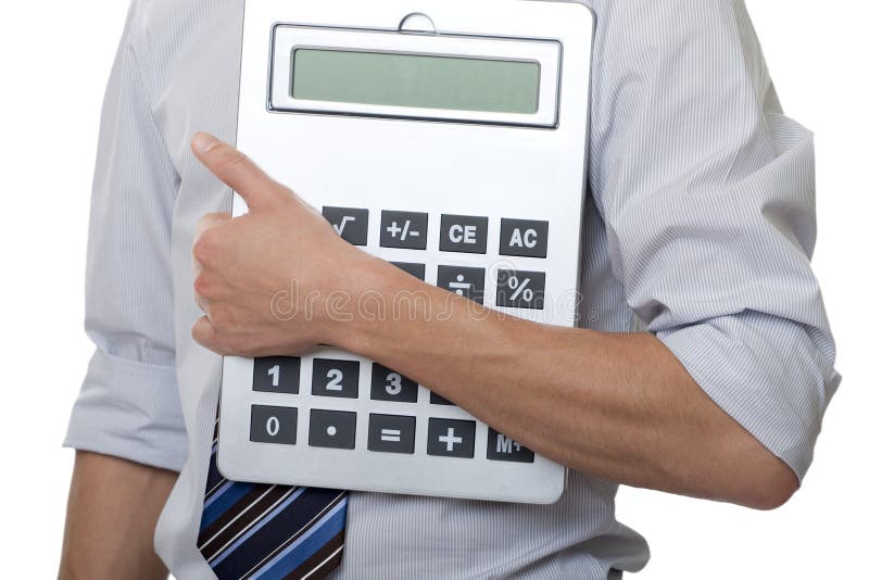 Businessman with gigantic pocket calculator