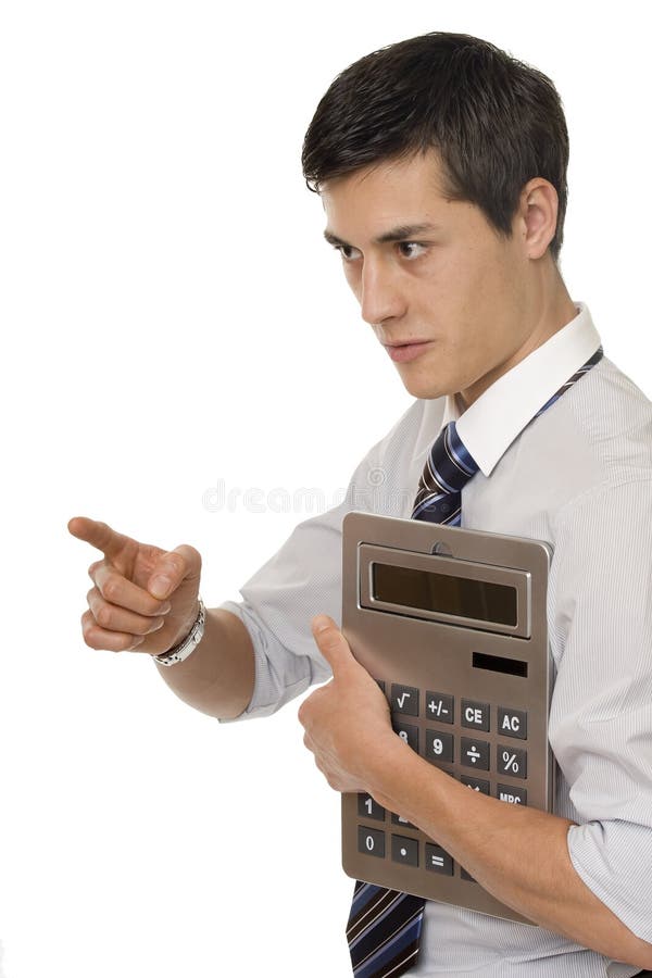 Businessman with gigantic pocket calculator