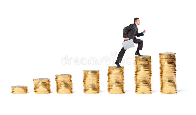 Businessman goes up the gold coins