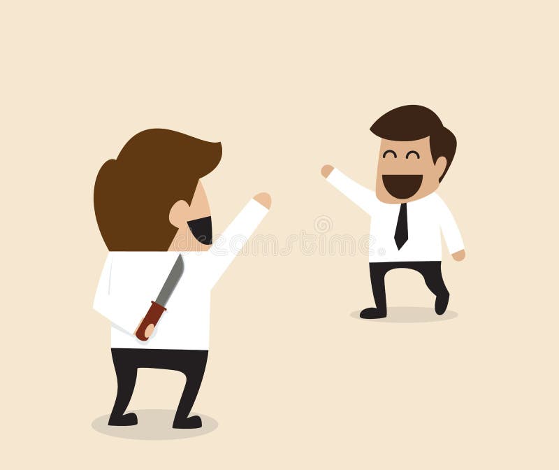 Businessman greeting his friend with knife behind the back