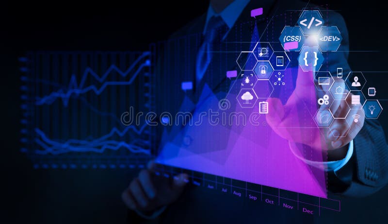 Coding software developer work with augmented reality dashboard computer icons of scrum agile development and code fork and versioning with responsive cybersecurity. businessman hand drawing virtual chart business. Coding program data stock images, royalty-free photos and pictures