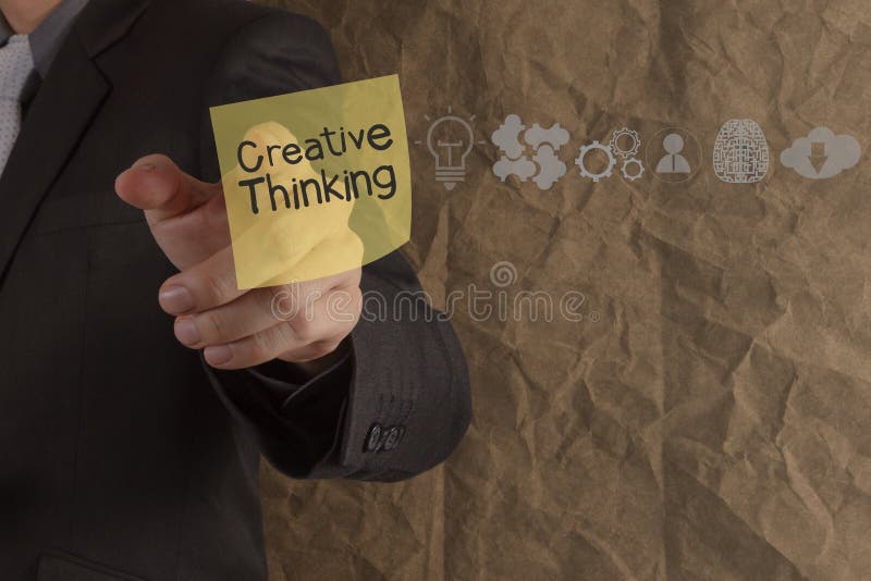 Businessman hand point creative thinking on sticky note with icons crumpled recycle paper