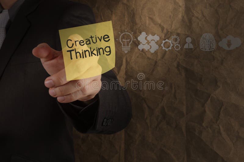 Businessman hand point creative thinking on sticky note with icons crumpled recycle paper