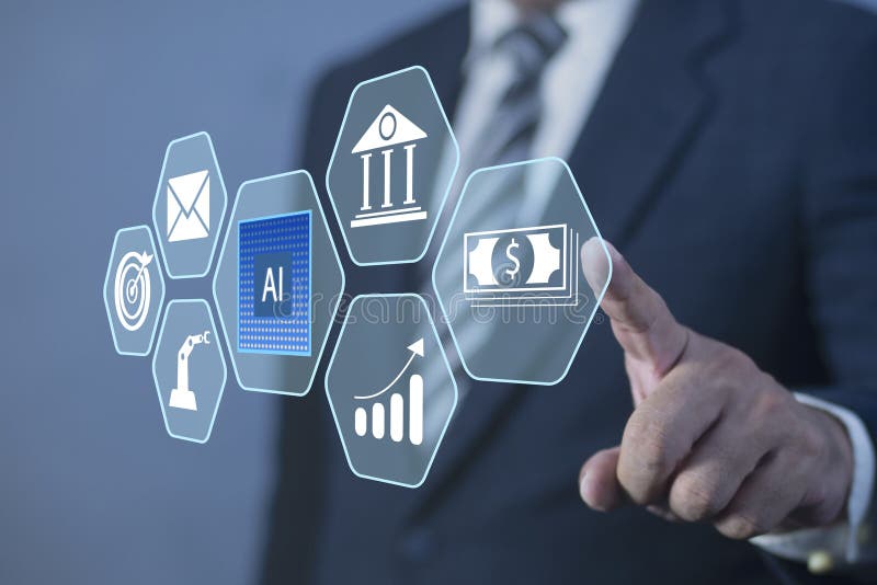 Businessman hand pointing at AI chip hologram with icons. digital hologram with AI chip and glowing icons, Futuristic technology royalty free stock photography