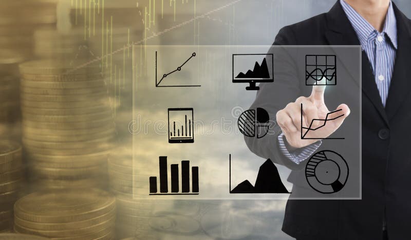 Businessman hand points to business graph finance strategy. stock photography Businessman hand points to business graph finance strategy. stock photography