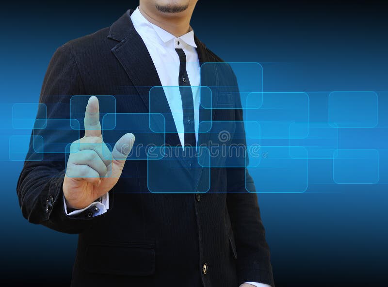 Businessman hand pushing button on a touch screen interface