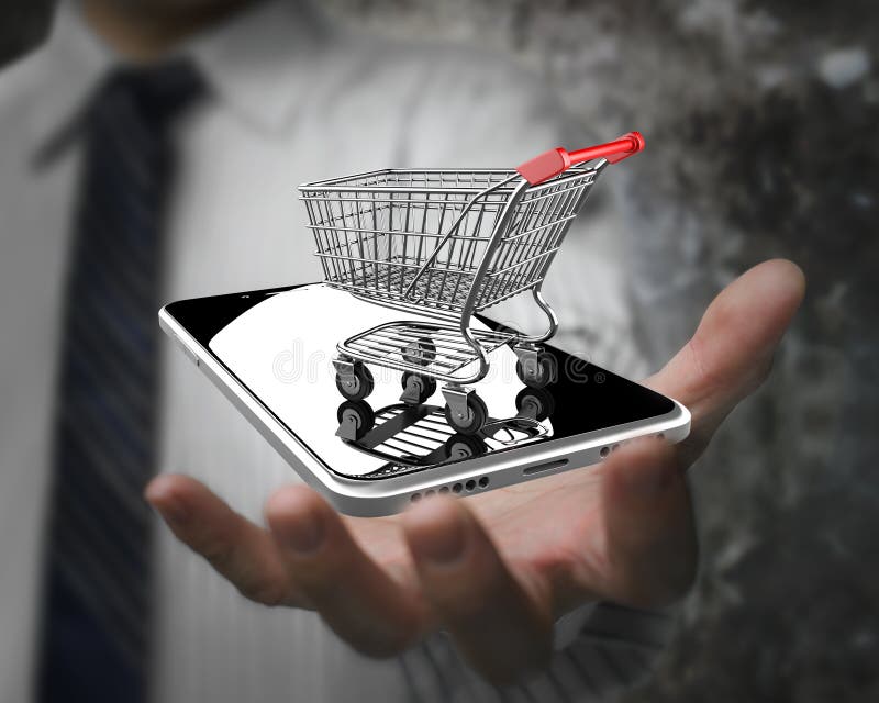 Businessman hand showing shopping cart with smart phone