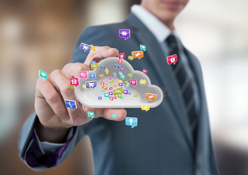 businessman with hand spread of taking cloud with application icons. Business blurred background royalty free stock photos businessman with hand spread of taking cloud with application icons. Business blurred background royalty free stock photos