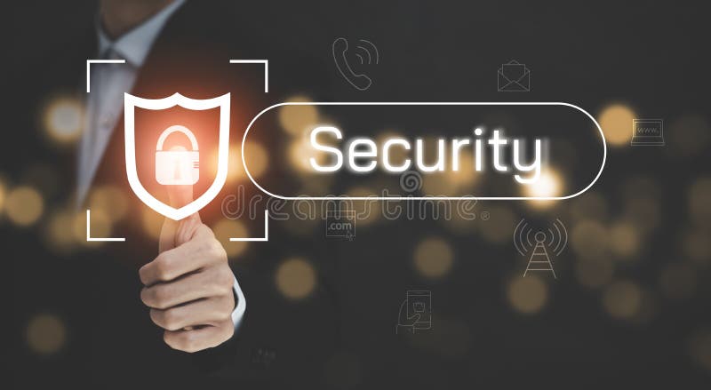 Businessman hand touch Key graph SECURITY Digital Composite Image Of user Using Laptop With, cyber security concept, data protecti stock images