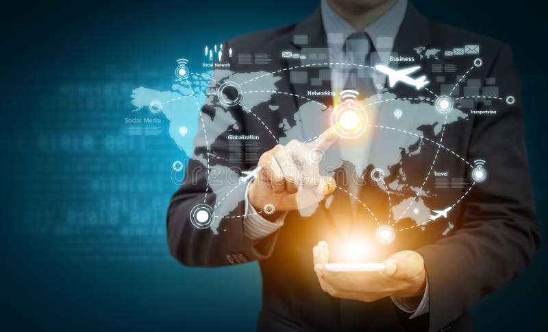 Businessman hand touch location on world map with network connection. Global network connection map stock images, royalty-free photos and pictures