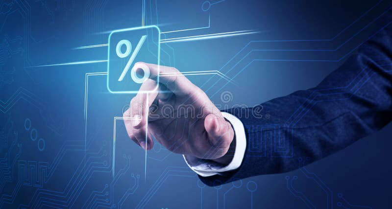 Businessman hand touches virtual percent icon.