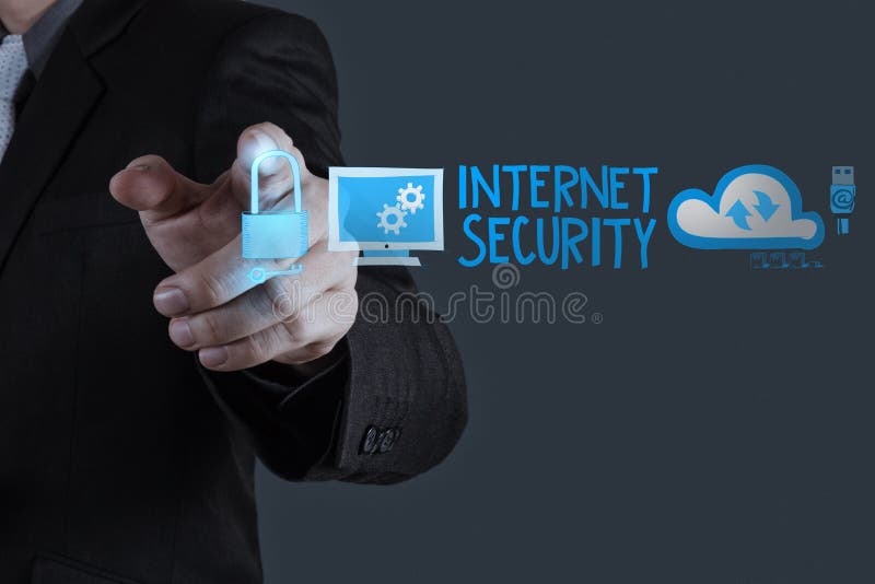 Businessman hand touching Internet security online royalty free stock images