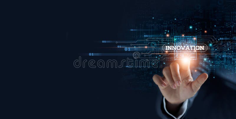 Businessman hand touching virtual graphical interface of innovation. Idea for digital solution and development, intelligence