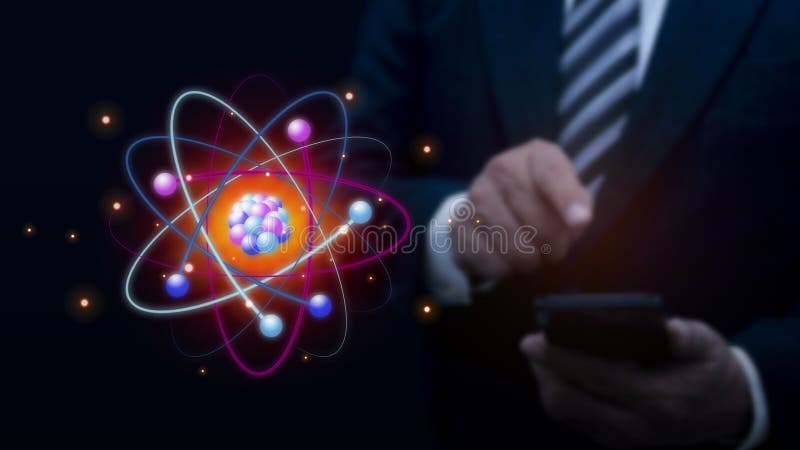 Businessman hand using smartphone with abstract glowing atom molecule hologram. Nuclear fusion concept, Endless energy, Cheap stock photography