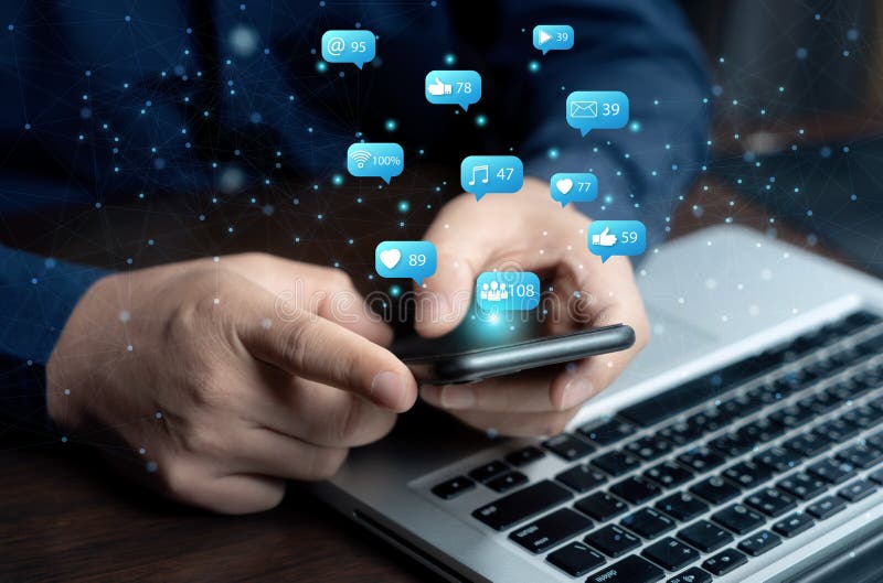 Businessman hand using a smartphone and show technology icons on social media. Concept social network. stock photos