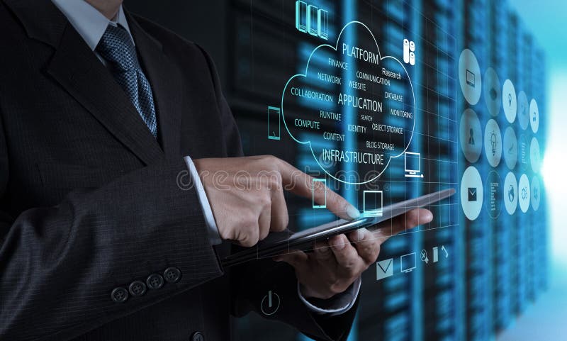 Businessman hand using tablet computer and server room royalty free stock photo