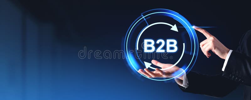 Businessman hands with b2b circle hologram, copy space stock image