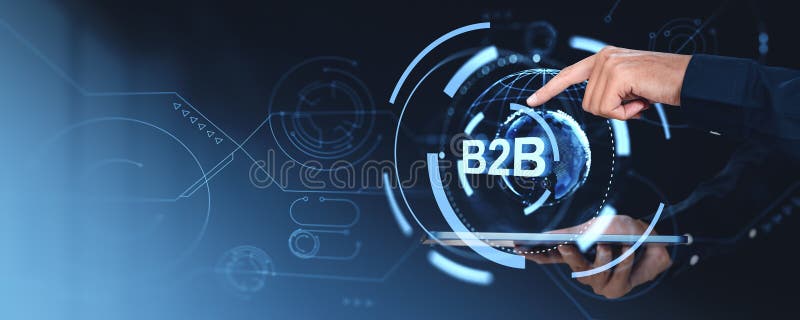 Businessman hands and finger touch b2b circle hologram, using tablet stock image