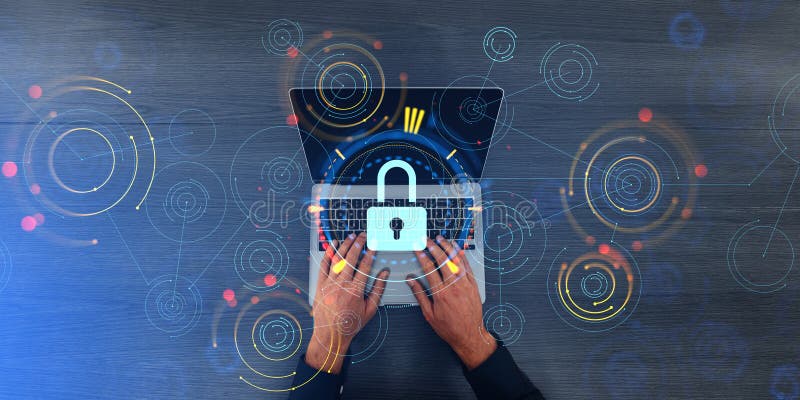 Businessman hands with laptop, cybersecurity interface royalty free stock images