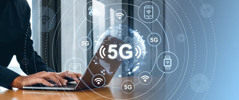 Businessman hands with laptop, 5G glowing icons and global connection royalty free stock images