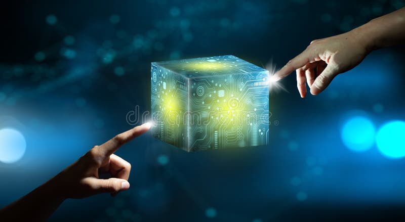 Businessman hands pointing Cube technology with Abstract blue background. Blockchain Network System. Big data storage processing, Cloud data, Internet Security, and Digital Technology. Blockchain network analysis stock images, royalty-free photos and pictures