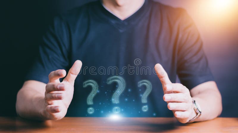 Businessman hands show question marks, Confused, Thinking, brainstorming or decision making concept, problem solving, finding royalty free stock photos