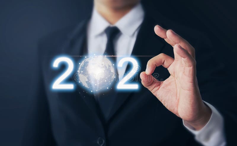 Businessman hands shows ok sign and growth success in 2020, modern circle global network connection, Technology iot