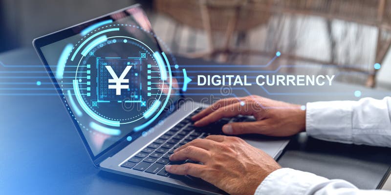 Businessman hands typing in laptop, digital currency yen or yuan icon royalty free stock images