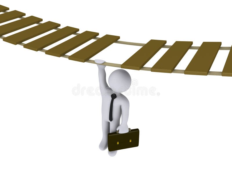 Businessman hanging from a suspended bridge royalty free illustration