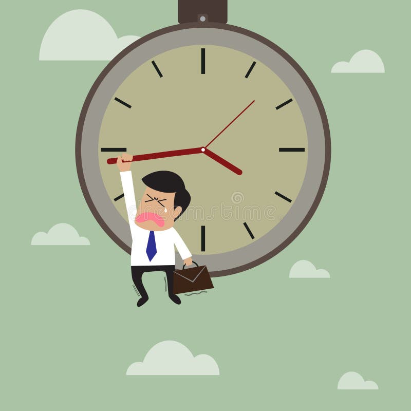 Businessman hangs on an arrow of clock that floati