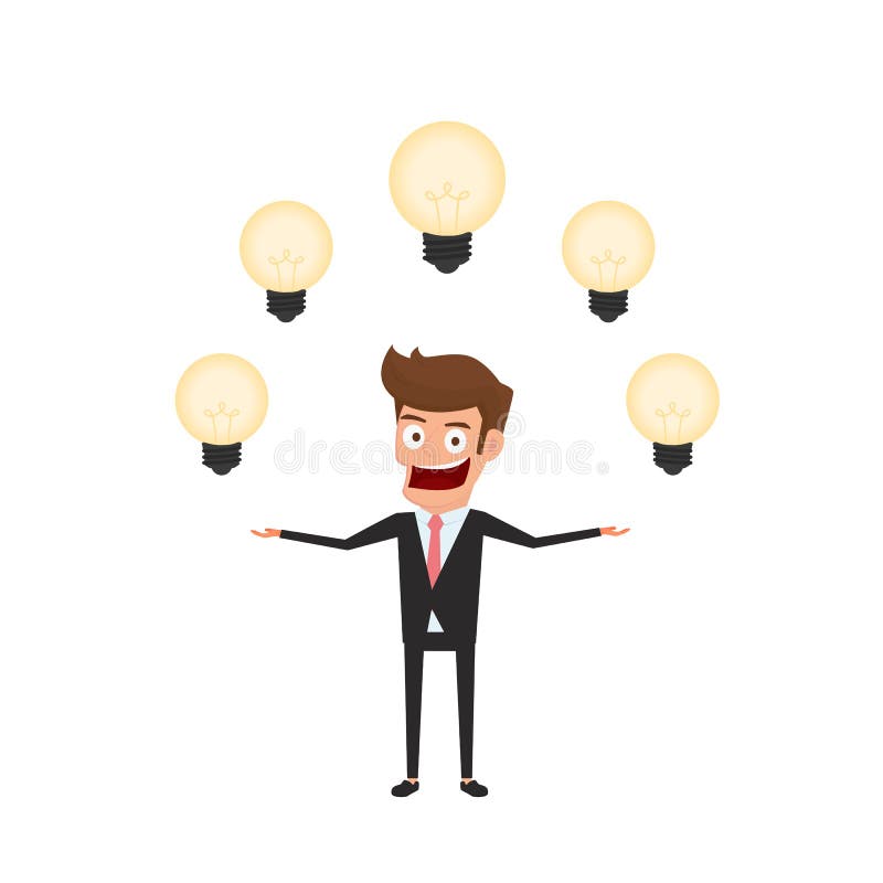 Businessman having a lot of idea. Light bulbs around man`s head concept of creative to success royalty free illustration Businessman having a lot of idea. Light bulbs around man`s head concept of creative to success royalty free illustration