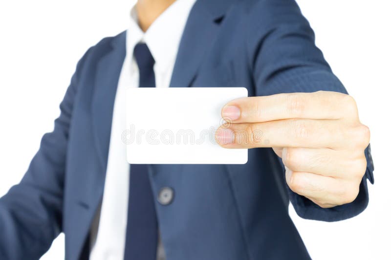 Businessman Hold Business Card by Two Finger at Side Isolated on White Background