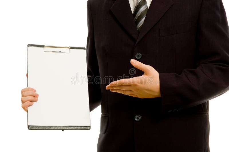 Businessman holding a blank notepad