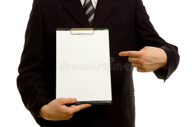 Businessman holding a blank notepad