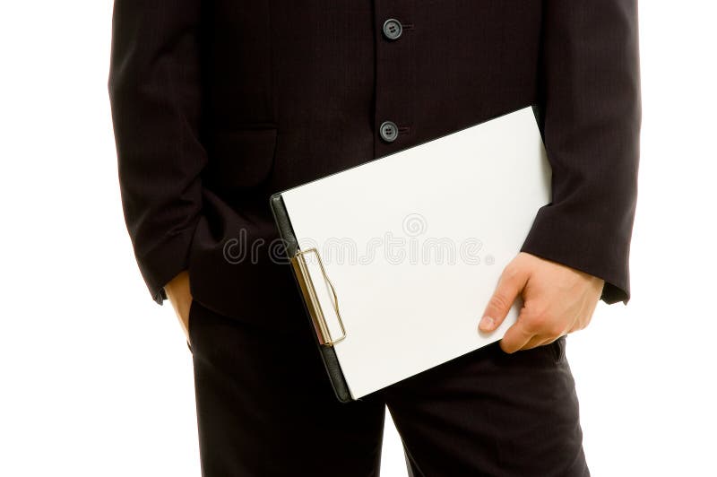 Businessman holding a blank notepad