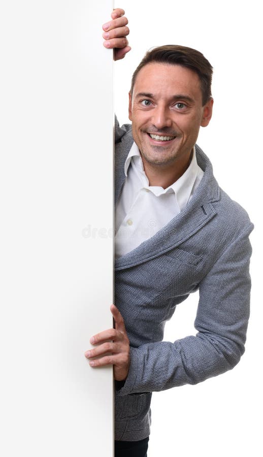 Businessman holding a blank white signboard