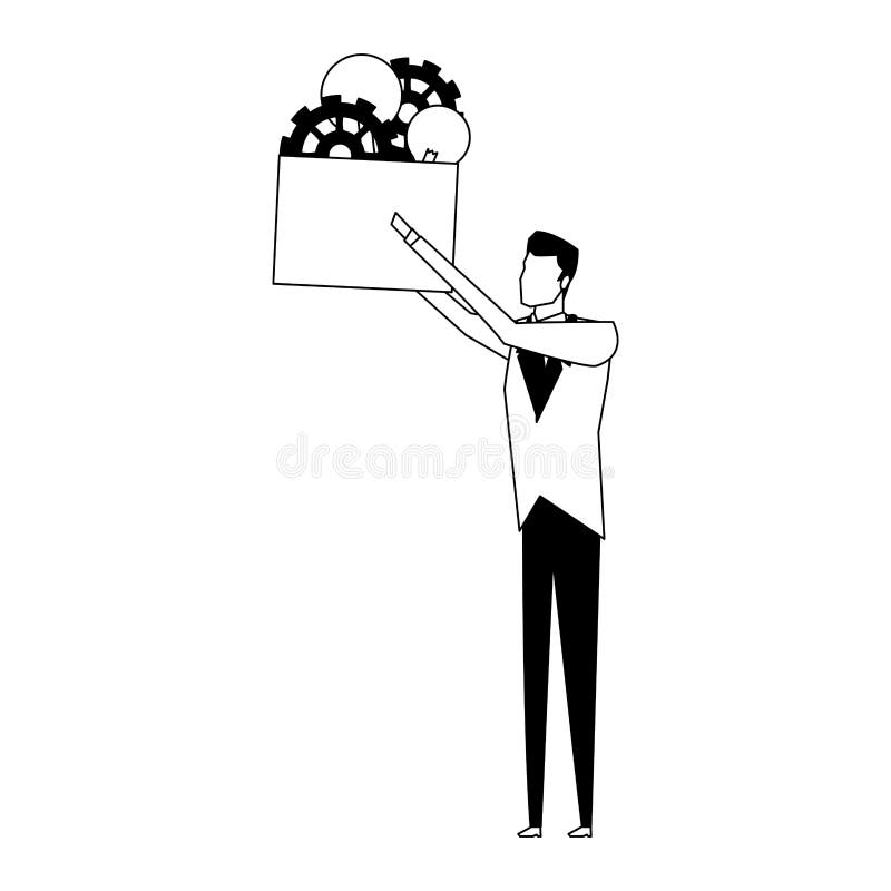 Businessman holding box with bulb lights and gears in black and white vector illustration Businessman holding box with bulb lights and gears in black and white vector illustration