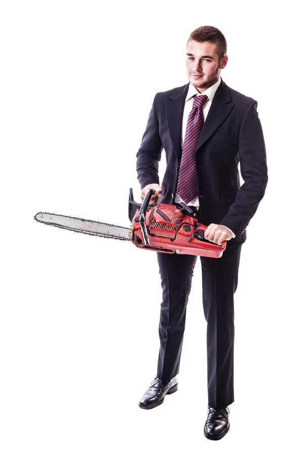 Businessman holding a chainsaw. 