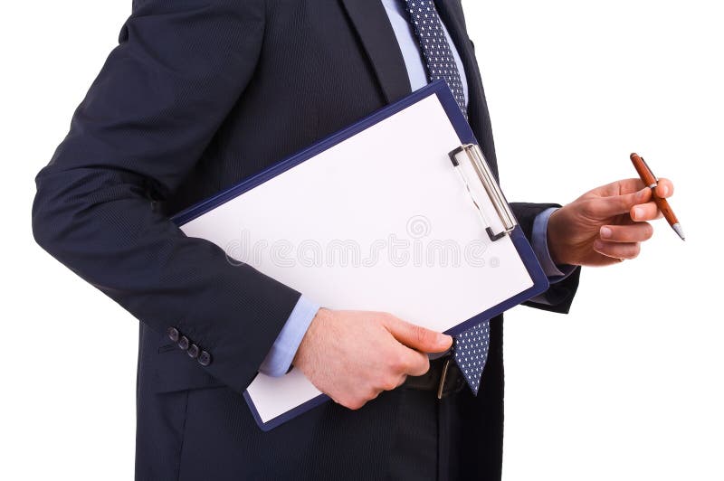 Businessman holding a clipboard. stock photography