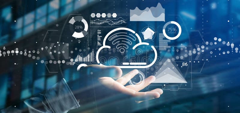 Businessman holding Cloud and wifi concept with icon, stats and data 3d rendering royalty free illustration